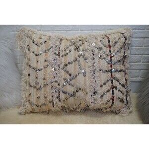 Vintage Moroccan Wedding Blanket Pillow: White Handira Lumbar Cushion 03YL0456